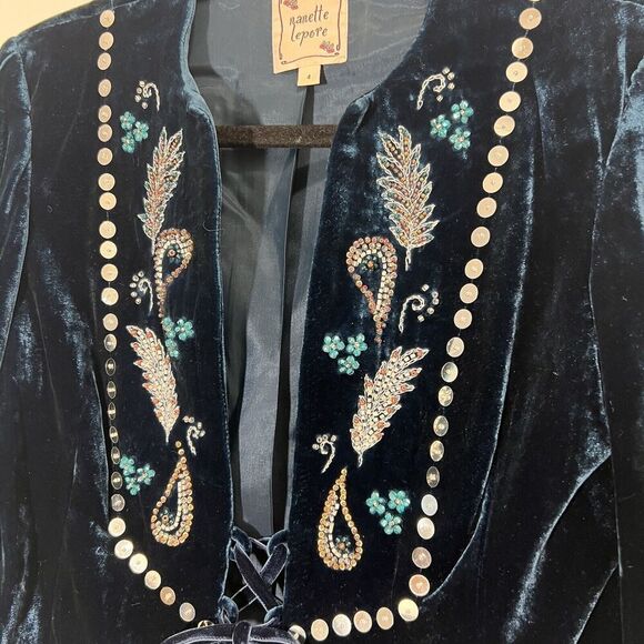 Nanett Lepore Jacket Women’s 4 Velvet Turquoise Blue Beaded Lace Up Goth Fairy - Picture 3 of 8